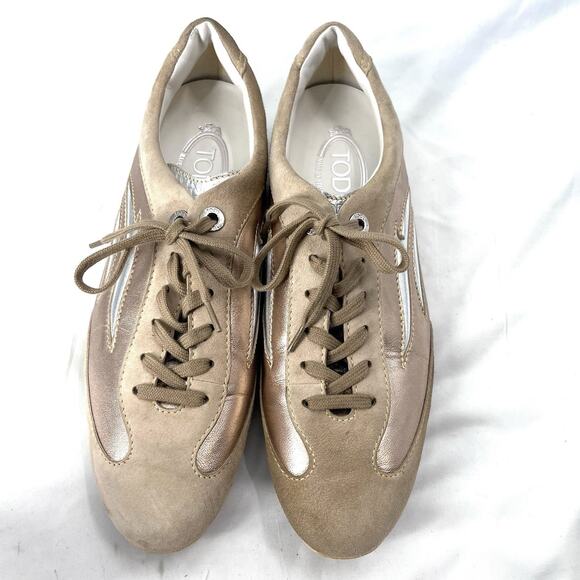 TOD'S Beige & Metallic Leather Driving Sneaker Performance Shoes Womens Size 11 - Picture 3 of 13